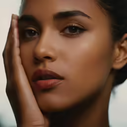 the woman is posing with her hand to her cheek