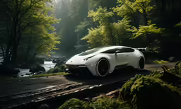 a white car driving down a winding country road