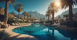 a palm tree lined pool with chairs and umbrellas