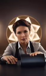 a woman in dress clothes holding onto a mug