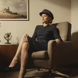 an image of a woman in short skirt sitting on a chair