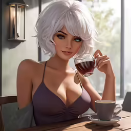 a beautiful woman holding up her coffee