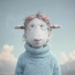 a woman with very big hair wearing blue knit