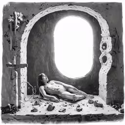 nude man lying naked inside a stone arch with a large window