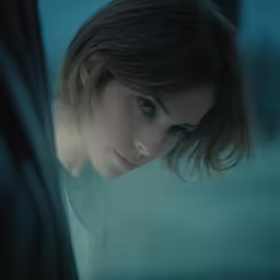 a girl is leaning on a window ledge looking over
