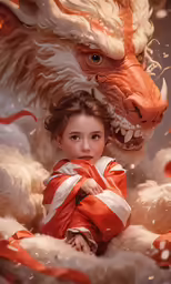 a child is sitting next to a dragon statue