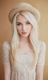 a blonde woman with blue eyes and a hat on