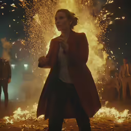 a woman standing in front of fireworks on the ground
