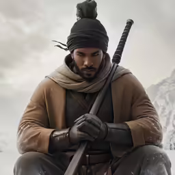 a man sitting down with a gun and wearing a winter hat