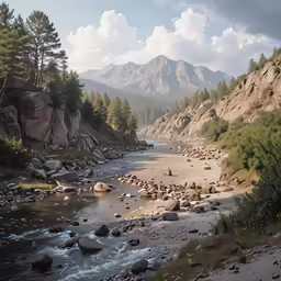 a mountain stream surrounded by trees and rocks