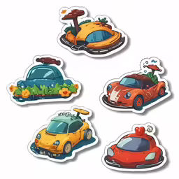 four different stickers of various cars in different colors