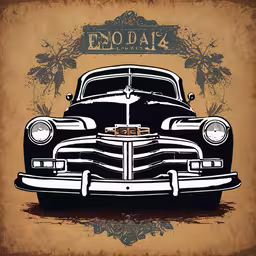 an old photo shows the front end of an antique car,a very classic looking car is shown in this old fashion image