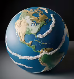 a blue earth with clouds is sitting on the table