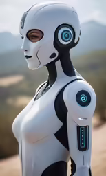 a woman in white and black with blue lights