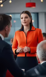 the woman in an orange suit has her hands clasped