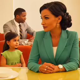the man and woman are sitting at a table looking towards each other