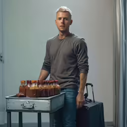 the man stands in front of a table with six glasses on it