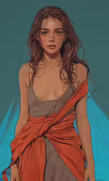a woman in an orange dress poses for a portrait