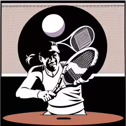 a graphic of a woman is hitting a tennis ball,a graphic of a person swinging a tennis racket,a person standing in front of a circle with a tennis racket in their hand,a man with a tennis racket is preparing to hit the ball,a tennis player swinging his racquet during the play