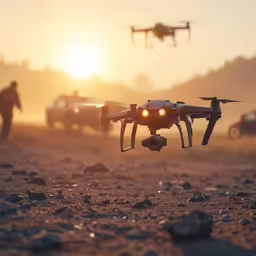 a man flying a small quad - propeller aerial flying camera near parked cars