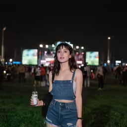 a young woman in overalls holds a beverage and looks at the camera