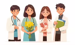 doctors and a woman holding flowers