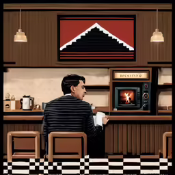 a painting of a man sitting at a counter drinking coffee