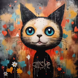 a painting of a cat with blue eyes on it