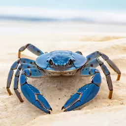 a blue crab crawling in the sand on a beach