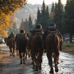 a group of people that are walking on some horses