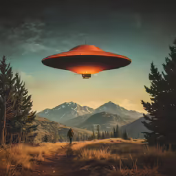 a large red object flying over a forest