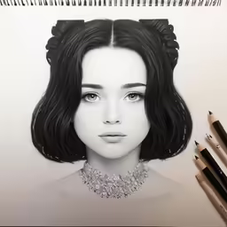 a drawing of a woman with black hair and blue eyes