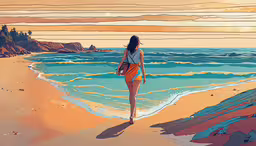 a woman on the beach walking to the ocean,a woman walks across an area with waves coming in