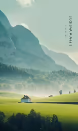 the landscape is foggy, with trees and mountains in the background