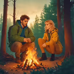 two people sit at a campfire in the forest,two people sit by a fire while one watches