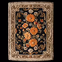 a rug is made of black, yellow and orange floral design