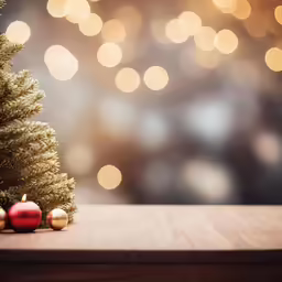 a christmas tree and decorations sitting on a wooden table