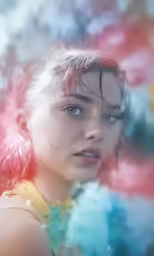 a woman with pink hair is looking into the distance