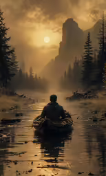a man is rowing a boat on a river as the sun sets
