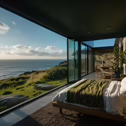 a bedroom with large glass doors and ocean view