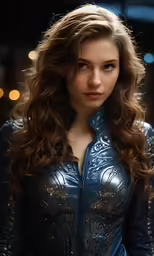 a woman in blue leather and a jacket