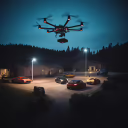 a remote controlled vehicle flies above a parking lot at night
