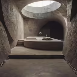 a bath room with stone walls and a skylight