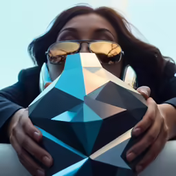the woman is holding up her glasses and an animal shaped object