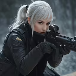 a woman with a gun looking at the camera