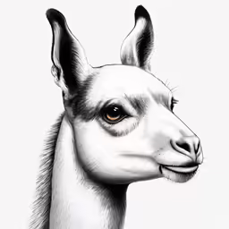 an ink drawing of a head of a lama in grey and white