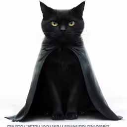 a black cat wearing a cape and sitting down