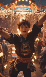 an action scene with the young person wearing an elaborate dress