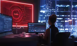 man in chair watching monitors on desk in large room