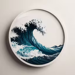 a circular mirror that has blue and white painting of a wave,a circular plate with water splashes over it